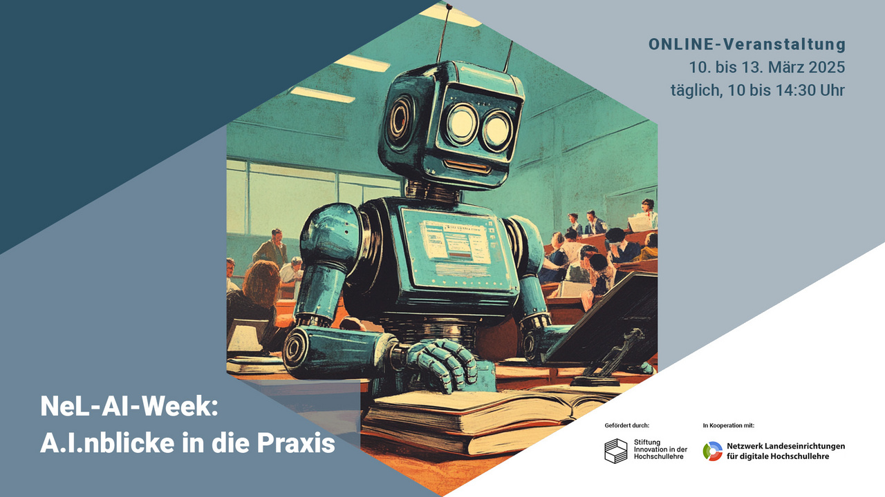 KI-generiertes Bild von einem futuristischen Campusbau mit Studierenden an Tischen, Avataren, einem Roboter und einem Flatscreen in Form eines riesigen Smartphones