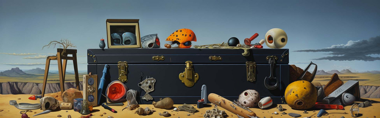eine blaue Kiste mit surrealistischen Gegenständen drumherum liegend