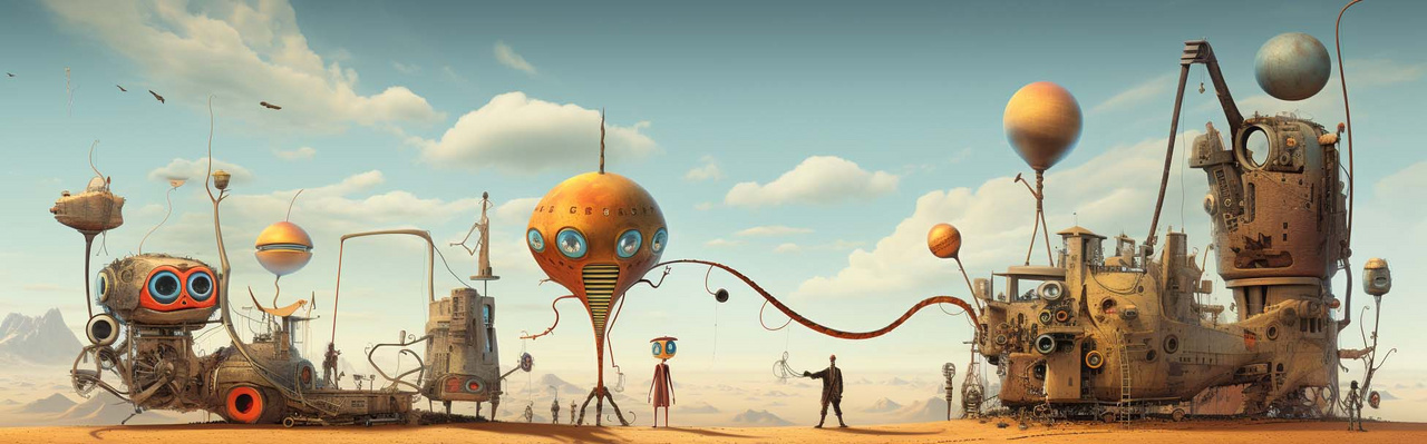 Eine surrealistische Landschaft mit Maschinen, Mensch und Häusern