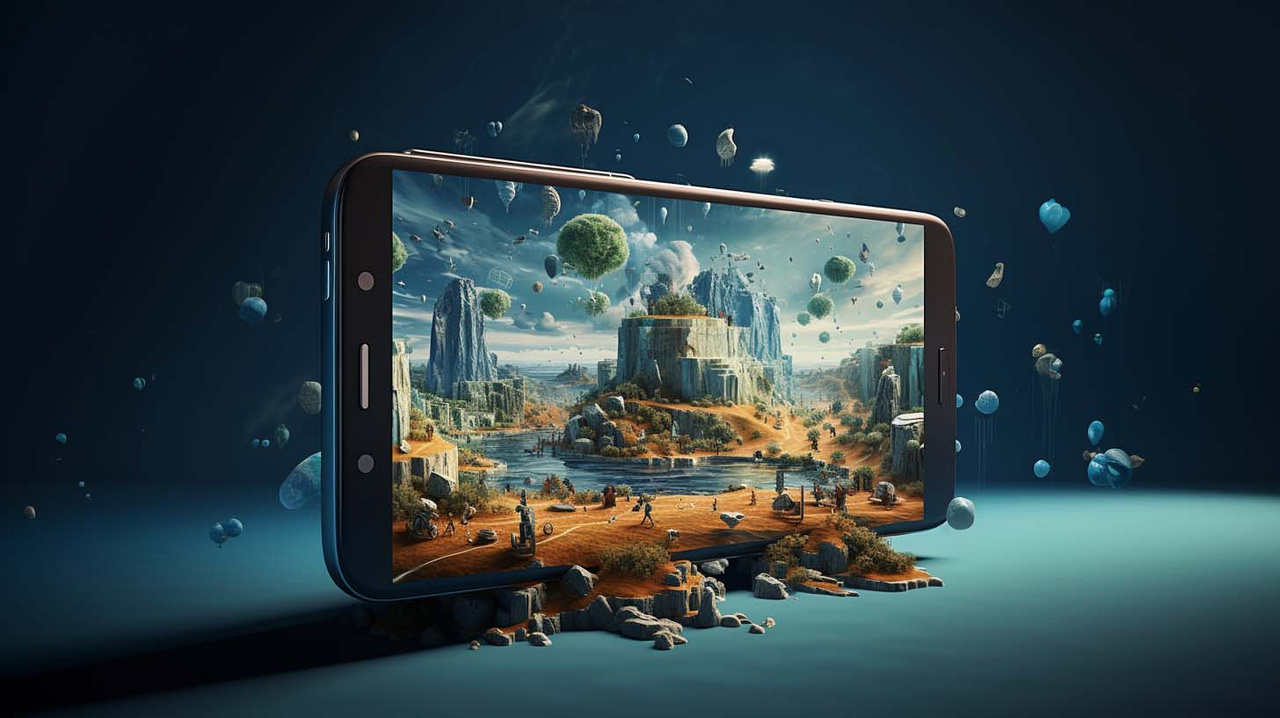 Ein surrealistisches Bild einer Landschaft auf einem Smartphone