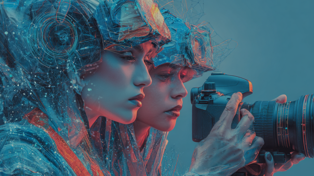 KI-generiertes Bild: zwei futuristische Personen mit Helmen. Eine Person hält eine Kamera in der Hand, die beide Personen anschauen.