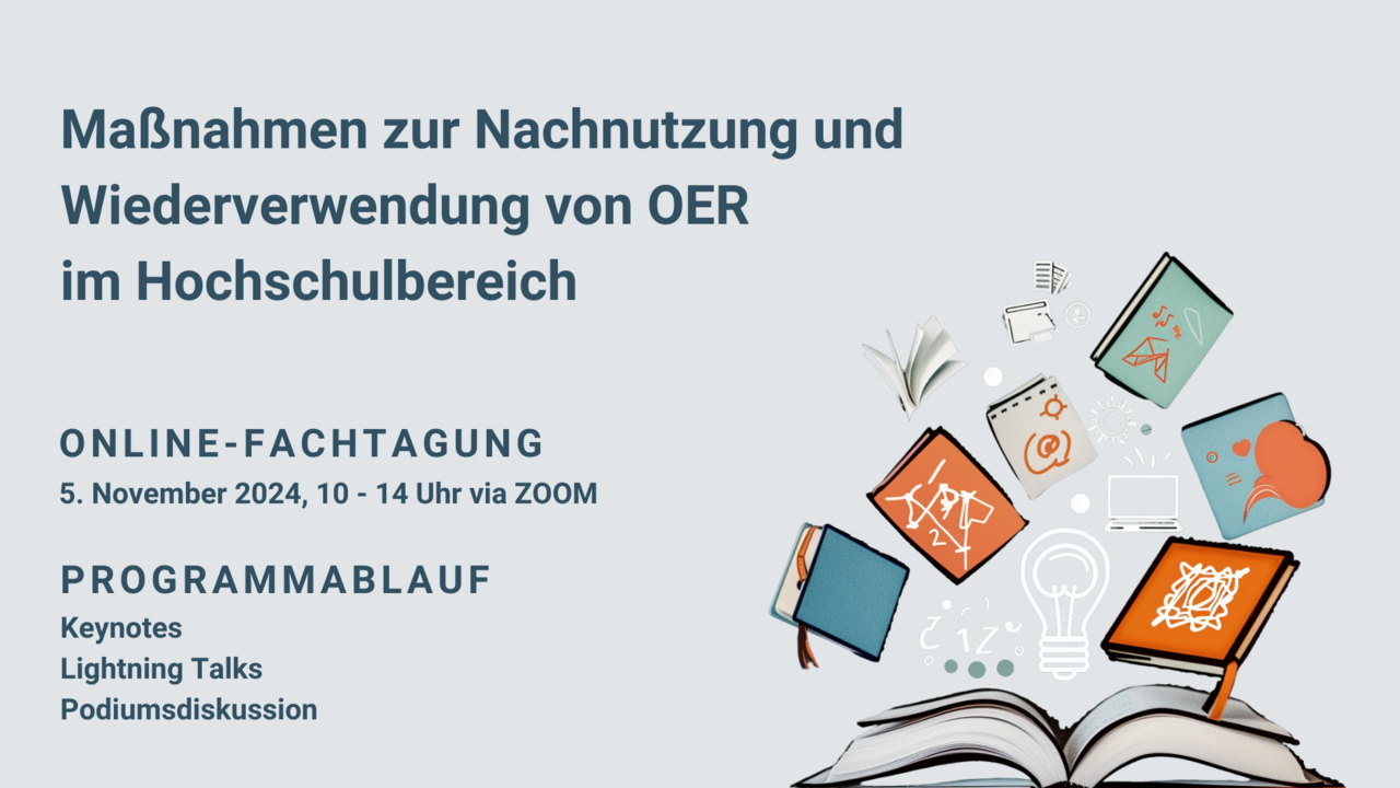Visual zur Veranstaltung Maßnahmen zur Nachnutzung und Wiederverwendung von OER im Hochschulbereich Visual mit Titel und Daten der Veranstaltung, Bildmotiv: aufgeschlagenes Buch, aus dem verschiedene OER-Materialien herauszufliegen scheinen