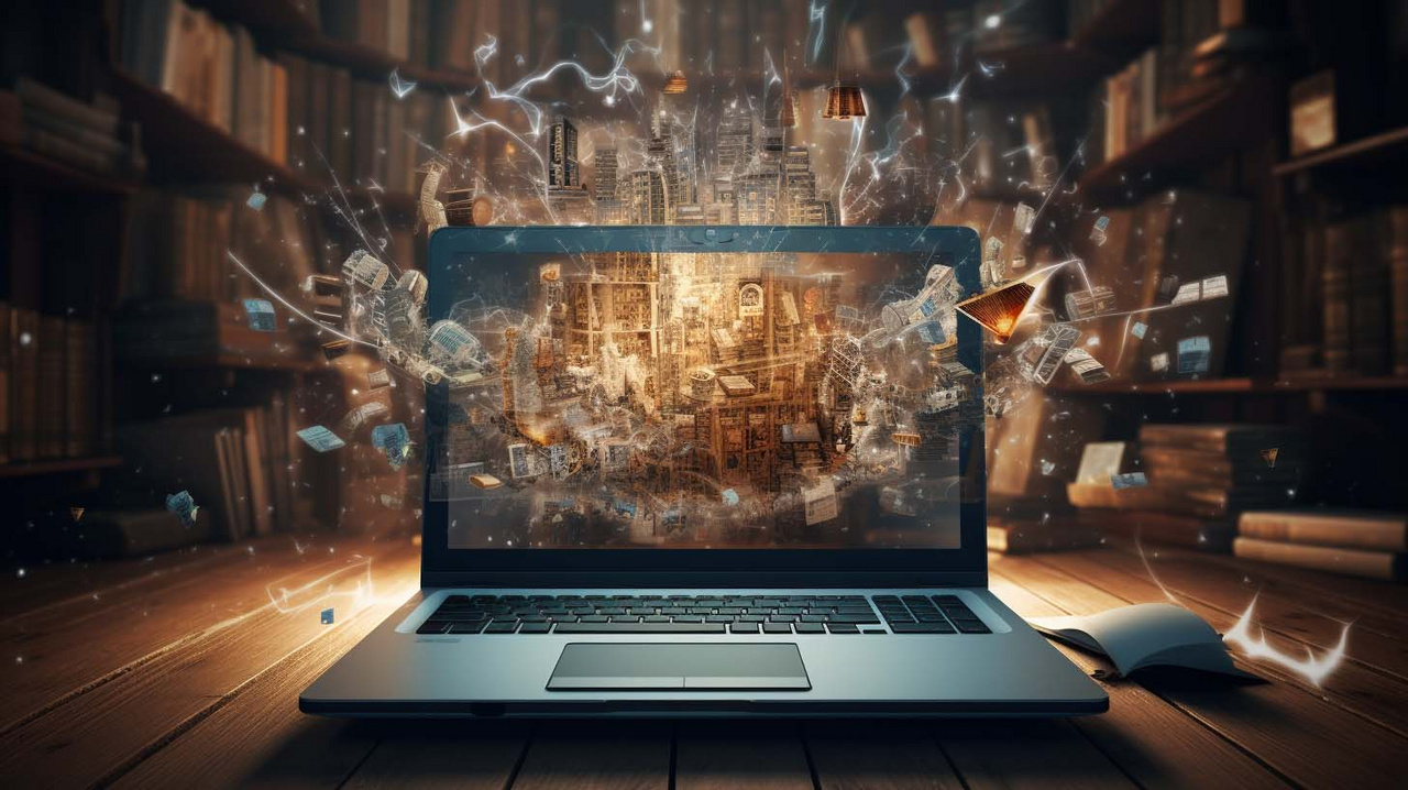 ein Notebook aus dem Gegenstände fliegen