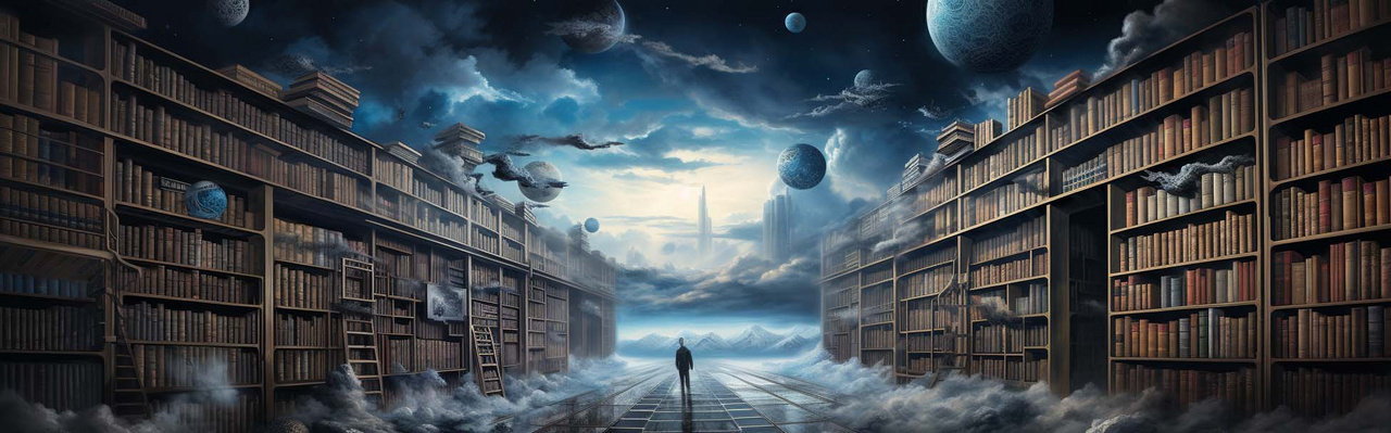 eine surrealistische Bibliothek mit vielen Büchern in Regalen 