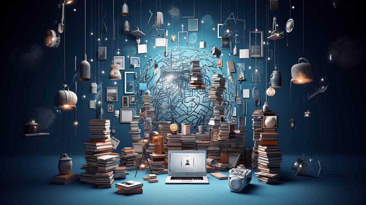 KI-Textgeneratoren Ein aufgeklappter Laptop umringt von Bücherstapeln, KI-generiertes Bild